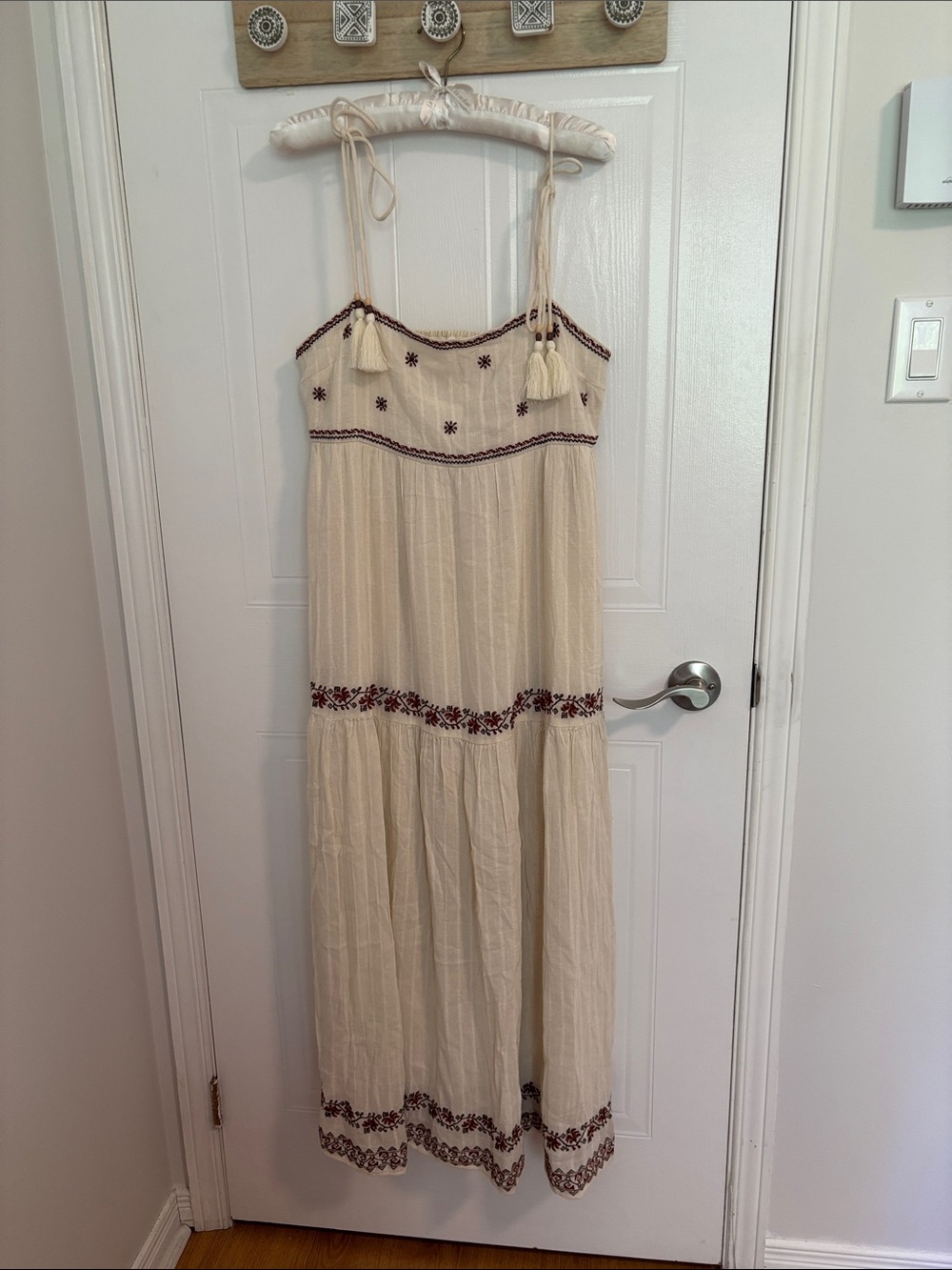 American Eagle Outfitters Cream Maxi/Midi Dress with Burgundy/Brown Embroidery